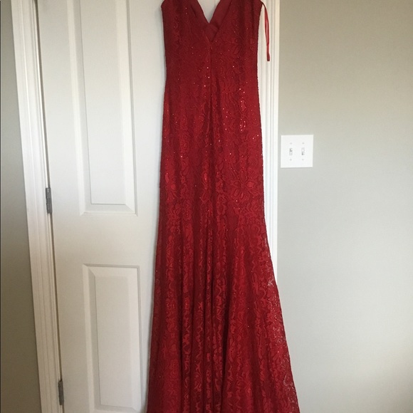 open lace back dress Poly USA 8672 Long Spaghetti Strap Dress with Deep Neckline